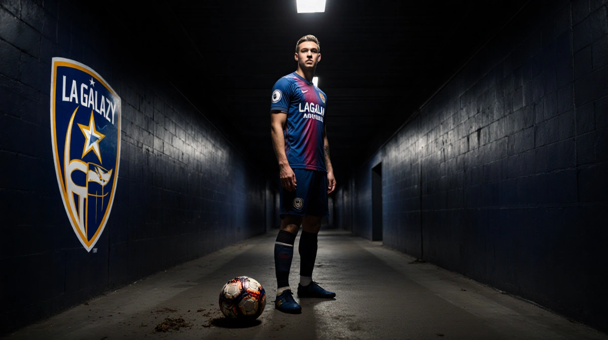 Riqui Puig stands in a dim stadium tunnel with a glowing medical boot and a worn soccer ball with LA Galaxy logo behind him