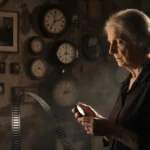 Rita gazes at vintage pocket watch with clocks and film reels surrounding her in nostalgic room