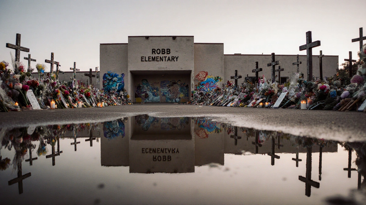 Robb Elementary building reflects in a puddle with crosses and murals and fresh flowers surrounding the empty parking lot