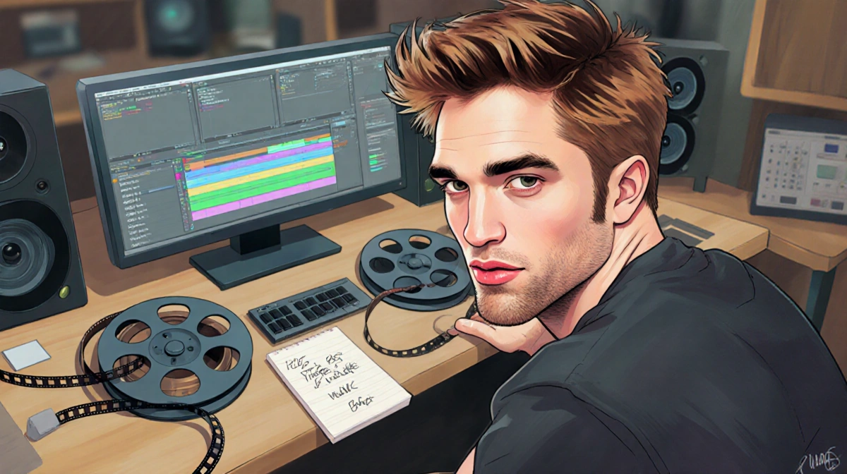 Robert Pattinson editing film with reels stacked near his computer screen