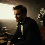 Robert Pattinson sits in vintage theater with old film reels and worn tickets showing nostalgic movie atmosphere