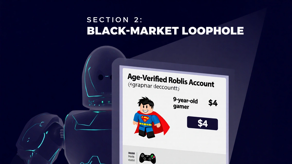 Suspicious eBay listing shows age-verified Roblox account for sale with child avatar and $4 price tag on dark background