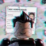 Glitching Roblox avatar with cracked face and broken age verification forms showing child