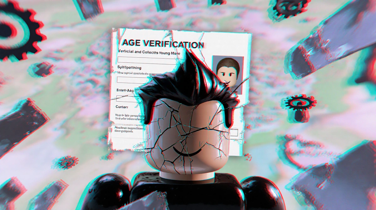 Glitching Roblox avatar with cracked face and broken age verification forms showing child