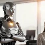 Humanoid robot stands with folded arms beside smiling Chinese colleague at modern office desk with golden glow and natural li