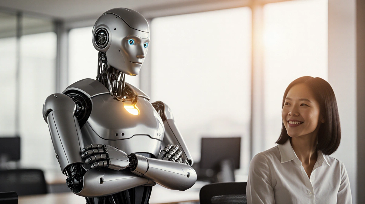 Humanoid robot stands with folded arms beside smiling Chinese colleague at modern office desk with golden glow and natural li