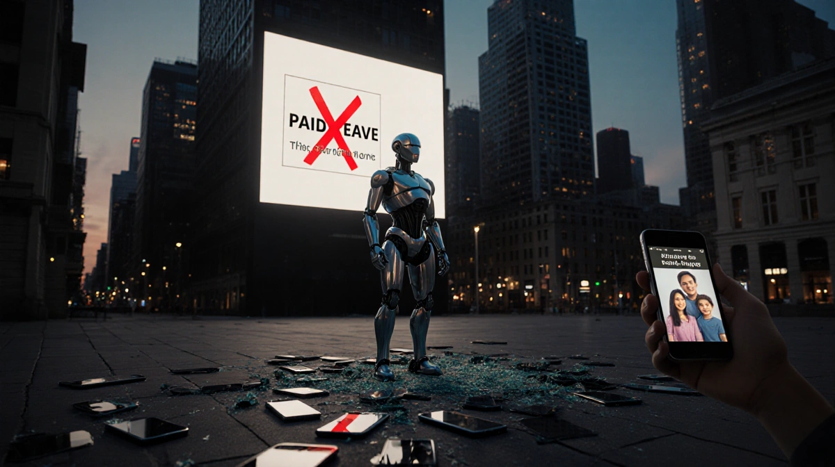 Robot standing alone in square at dusk with shattered smartphone screens reflecting body and a Paid Leave notice with a red X