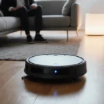 Robot vacuum navigating a futuristic living room with a sleek hardwood floor and a parent sitting on the couch.