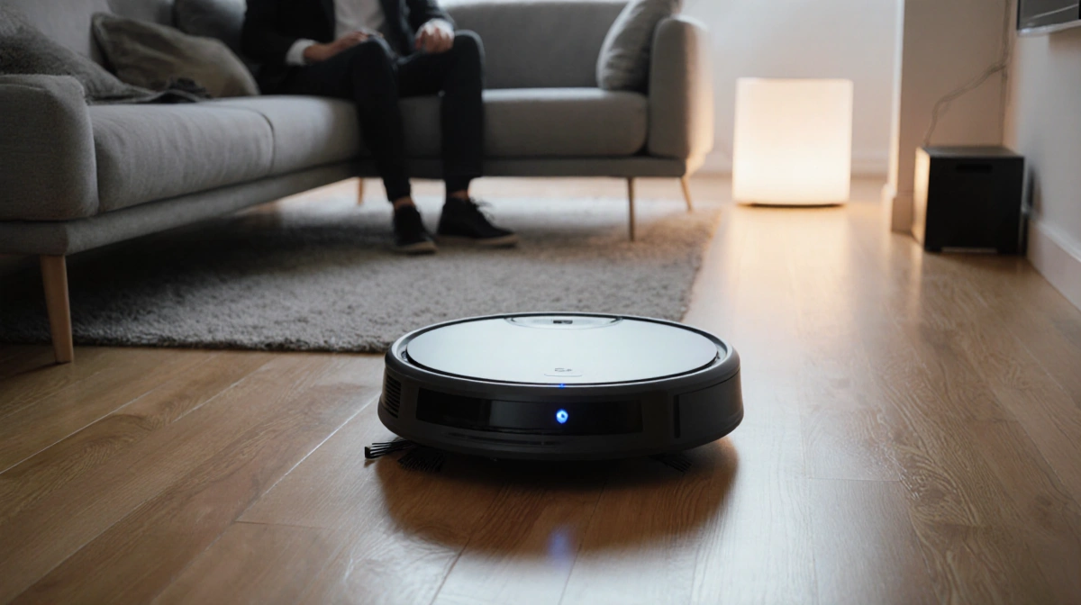 Robot vacuum navigating a futuristic living room with a sleek hardwood floor and a parent sitting on the couch.
