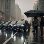 Robotaxis queueing on wet city street with glowing headlights reflected and passengers waiting under canopy.