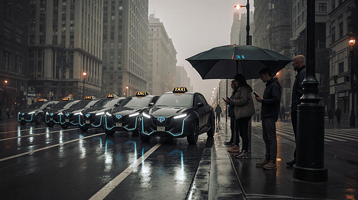 Robotaxis queueing on wet city street with glowing headlights reflected and passengers waiting under canopy.