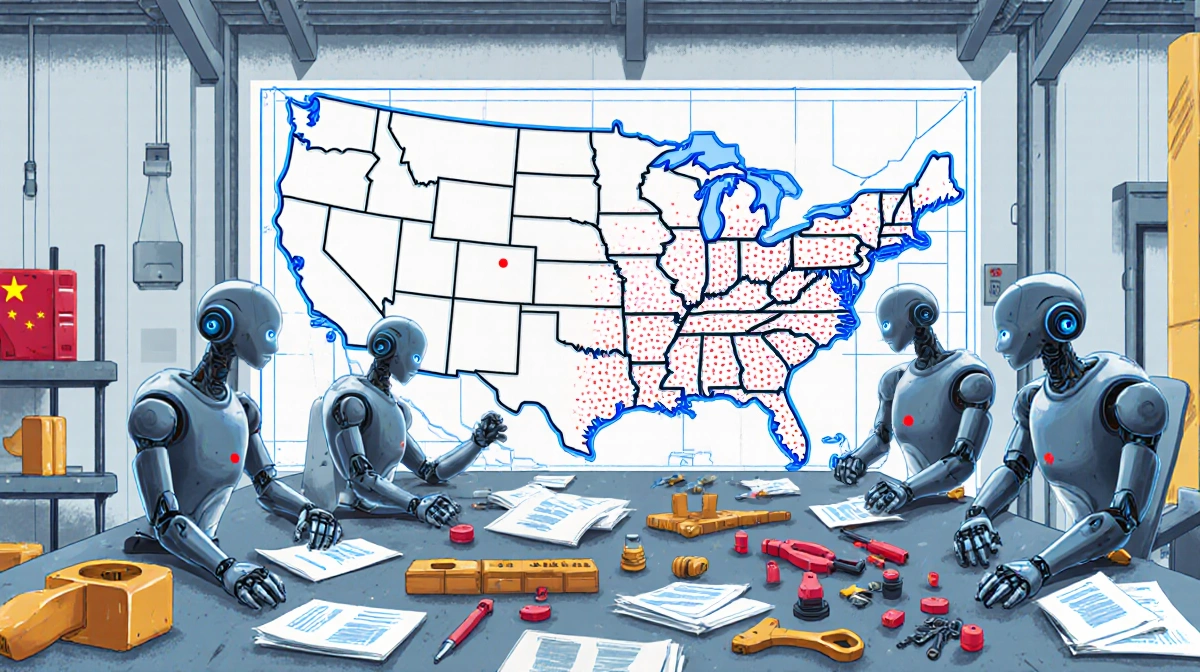 Humanoid robots being assembled in workshop with China and US company map on wall and scattered parts