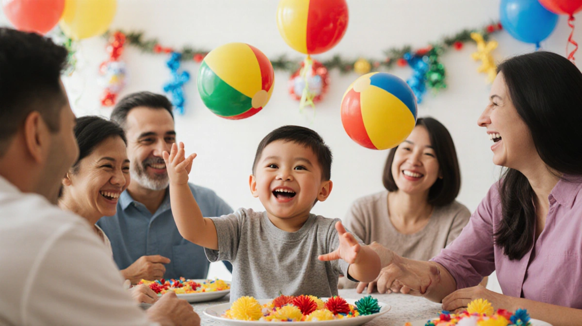 Rodriguez juggling colorful beach balls with family laughing and celebrating at festive party