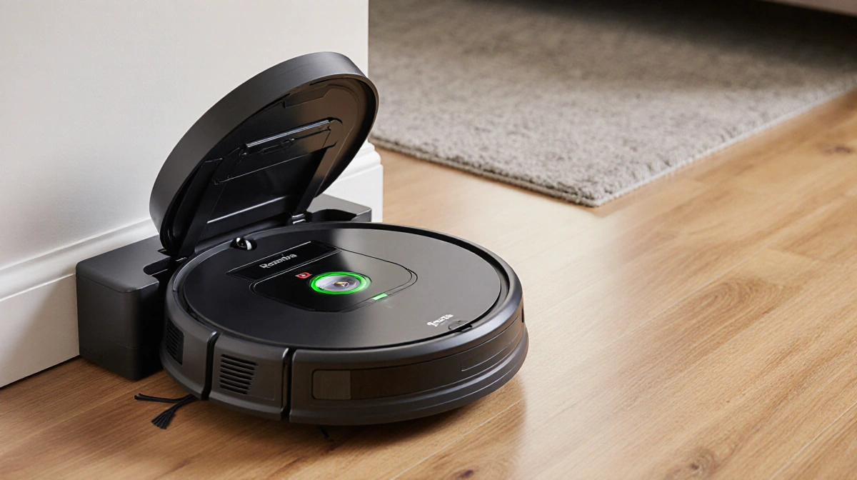 Roomba 205 DustCompactor Combo self-emptying robot vacuum emptying its bin with dock lifting mechanism on hardwood floor