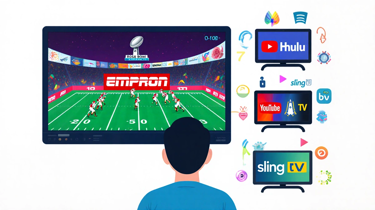 Person watching screens with ESPN showing Rose Bowl and logos of Hulu YouTube TV and Sling TV