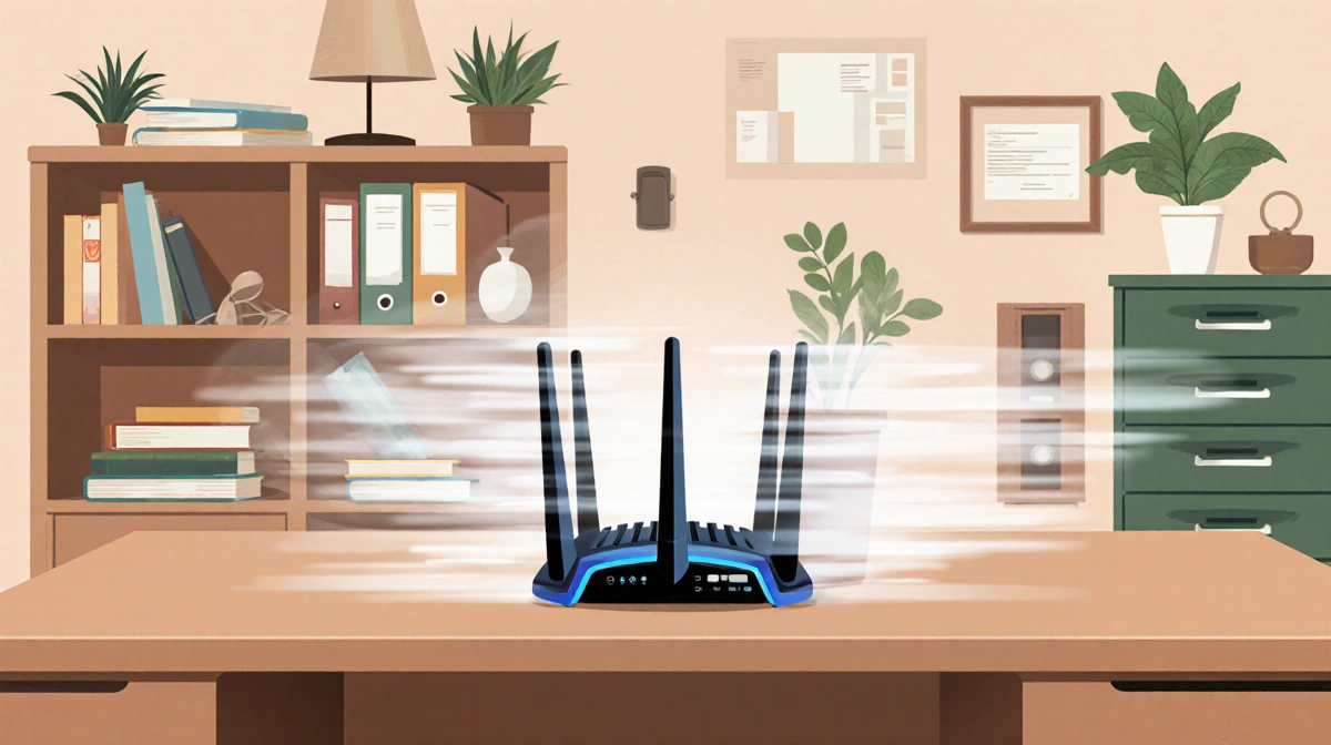 Router slowing down with bookshelves and file cabinets blocking its signal in cluttered office