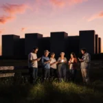 Concerned rural residents gather near fence with data center looming behind them at sunset