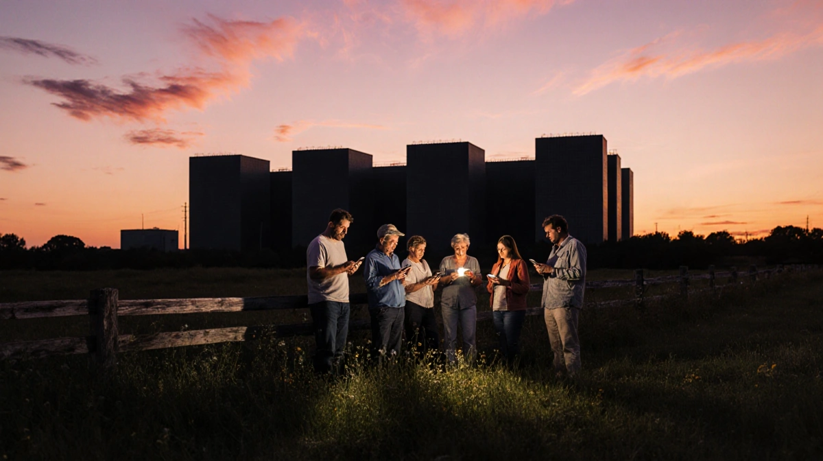 Concerned rural residents gather near fence with data center looming behind them at sunset