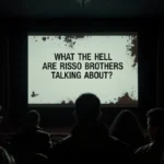 Movie theater screen flickers with cryptic Russo Brothers message while shadowy fans watch with anticipation in darkened room