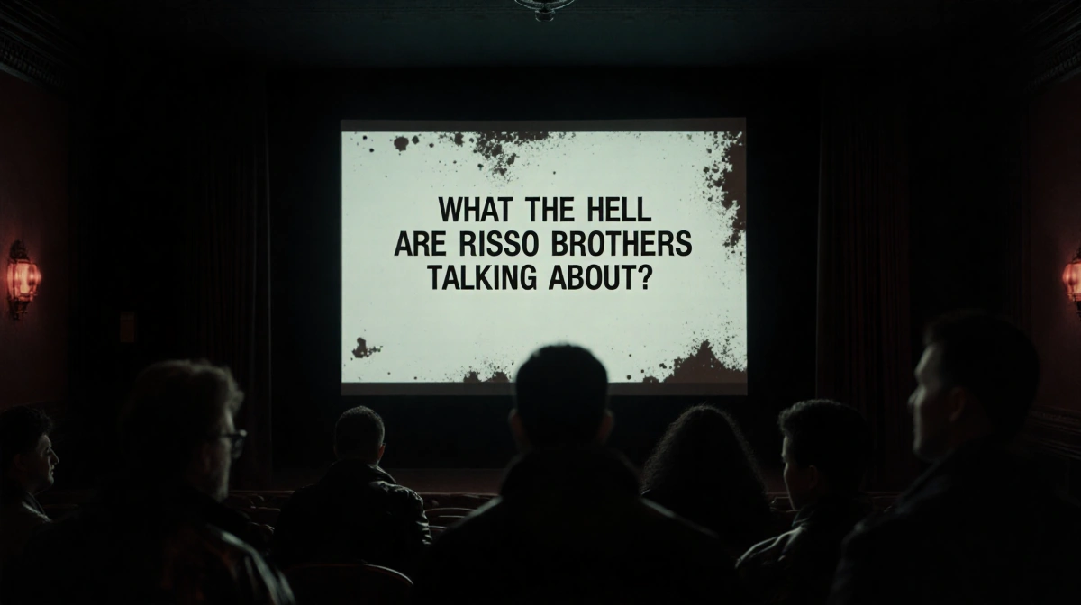 Movie theater screen flickers with cryptic Russo Brothers message while shadowy fans watch with anticipation in darkened room