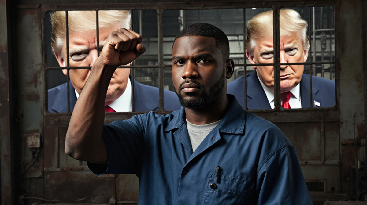 Autoworker Sabula raises fist with factory backdrop and Trump face visible through window