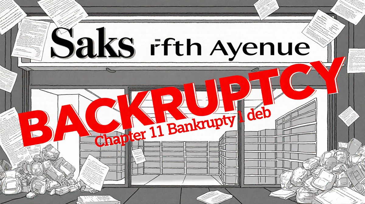 Saks Fifth Avenue storefront shows empty shelves with Chapter 11 Bankruptcy signs and debt documents covering the luxury depa