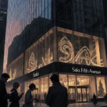 Shoppers standing disappointed outside Saks Fifth Avenue flagship with dimmed holiday lights and phones in hand