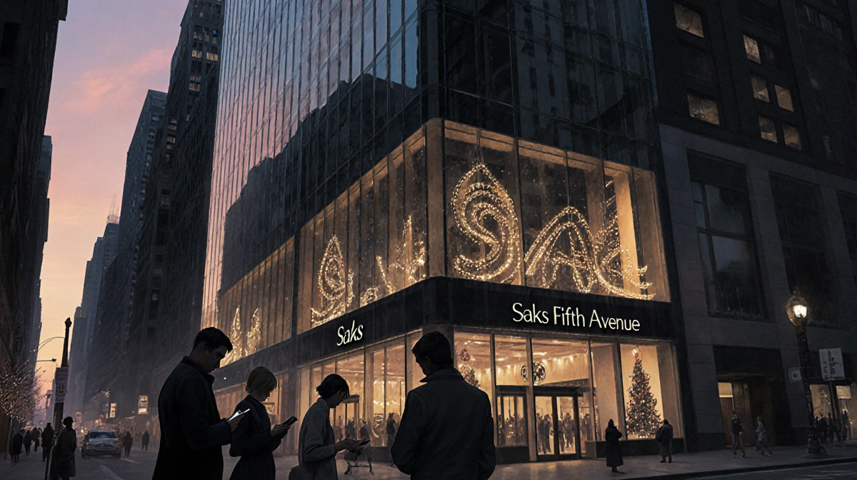 Shoppers standing disappointed outside Saks Fifth Avenue flagship with dimmed holiday lights and phones in hand