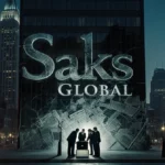 Cracked skyscraper wrapped in financial documents looms over Texas street with lawyers huddled around briefcase