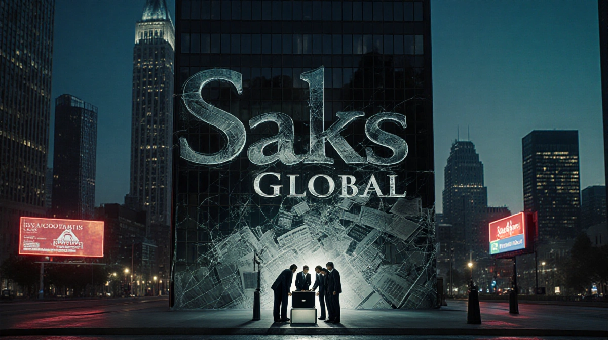 Cracked skyscraper wrapped in financial documents looms over Texas street with lawyers huddled around briefcase