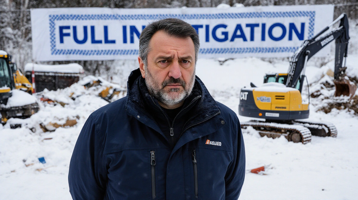 Matteo Salvini stands solemnly with furrowed brow near snow-covered equipment and Full Investigation banner