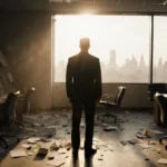 Sam Altman stands alone in chaotic office with scattered papers and overturned chairs showing tech industry turmoil