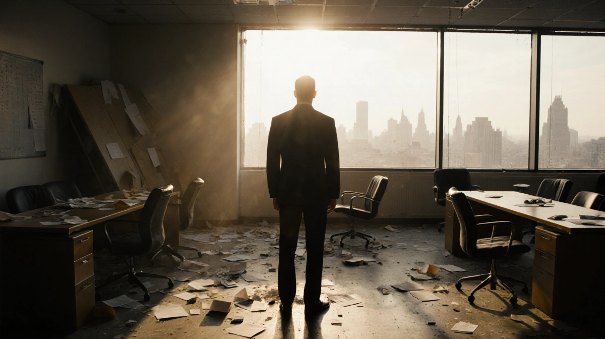 Sam Altman stands alone in chaotic office with scattered papers and overturned chairs showing tech industry turmoil