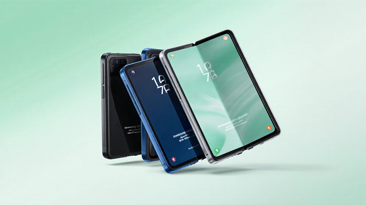 Samsung Galaxy Z Fold 7 devices overlap jet black blue and silver against a mint green gradient background.