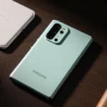 Samsung Galaxy Z Fold 7 unfolding with mint green glow on dark wood background and surrounded by charging pad and earbuds