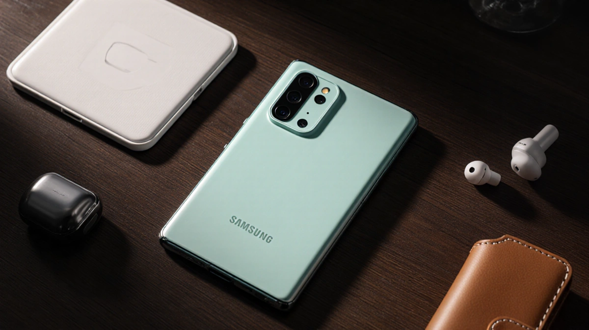 Samsung Galaxy Z Fold 7 unfolding with mint green glow on dark wood background and surrounded by charging pad and earbuds