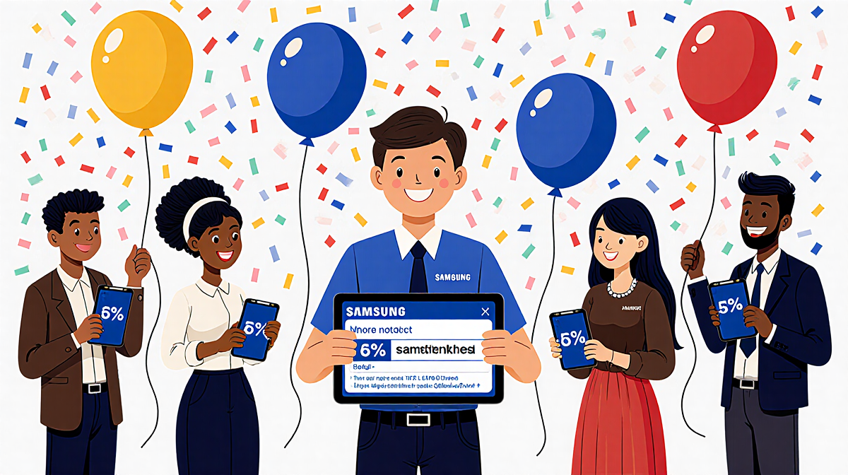 Samsung rep smiling while presenting discount programs to diverse customers holding tablets with promo codes and colorful bal