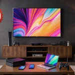 Living room displays Samsung TV with smartphones under warm natural lighting and a red ribbon