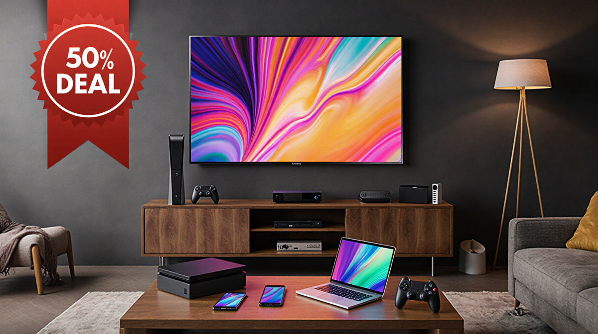 Living room displays Samsung TV with smartphones under warm natural lighting and a red ribbon