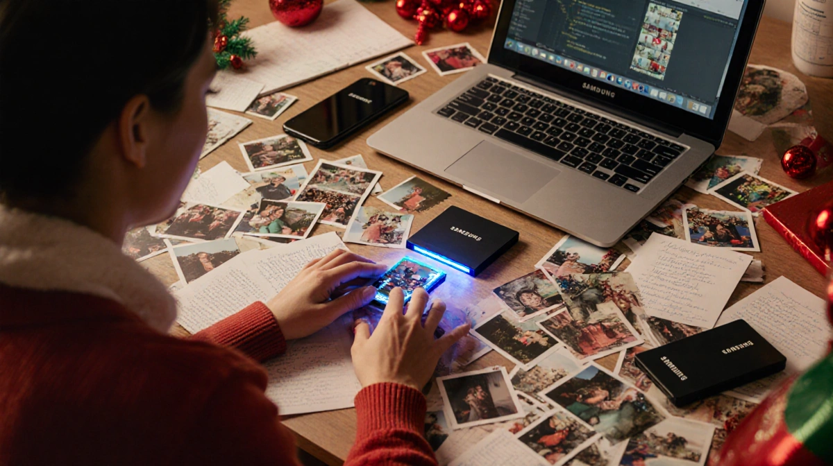 Glowing Samsung SSD organizing holiday photos on cluttered desk with laptop and phone near notes