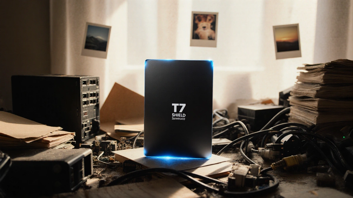 Sleek Samsung SSD glowing with natural light on a cluttered desk with old storage and dusty files.