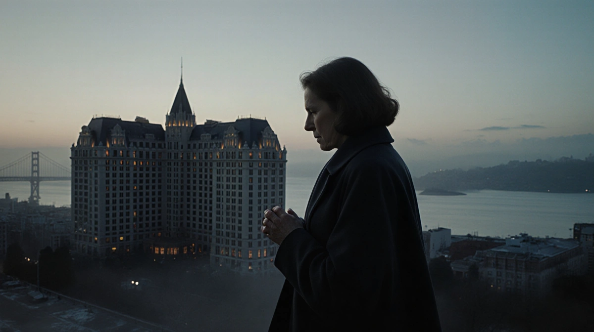 Woman walking toward Fairmont Hotel with long coat and clasped hands against misty Bay and dawn sky