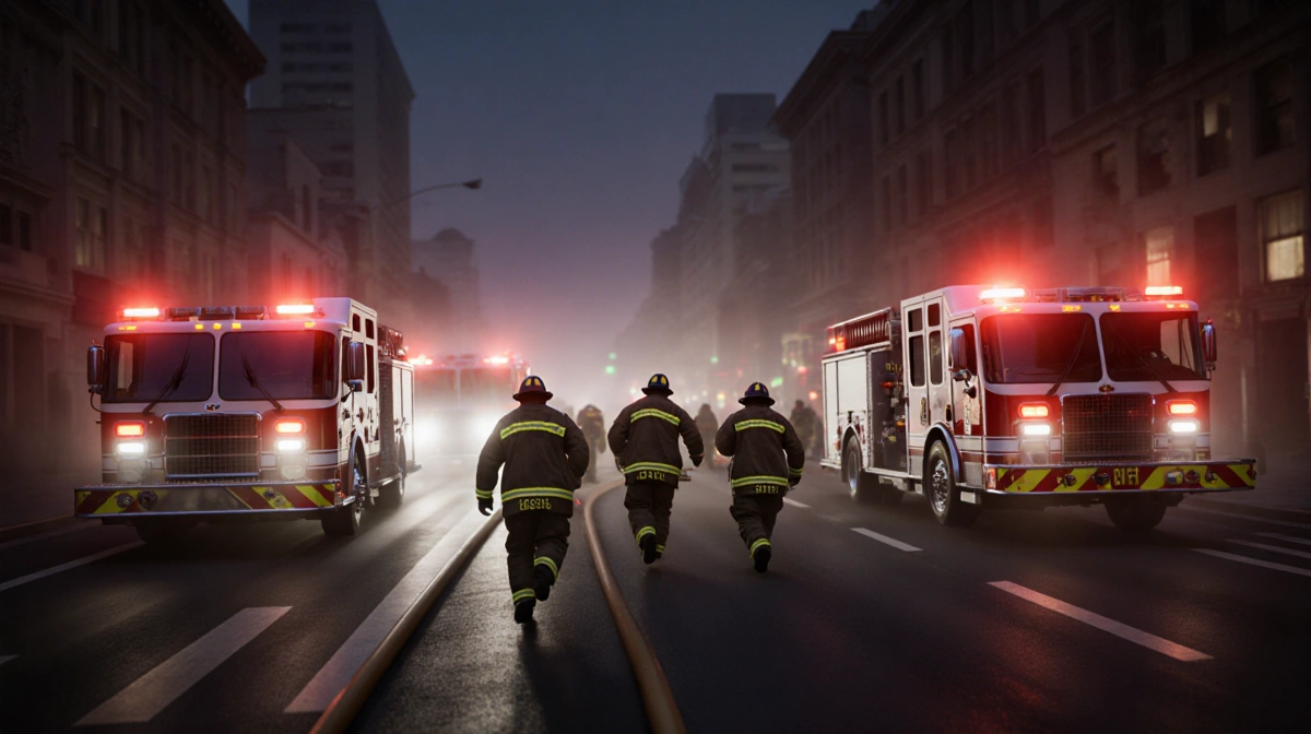 Firefighters rushing toward emergency with foggy streets and strobe lights from fire trucks
