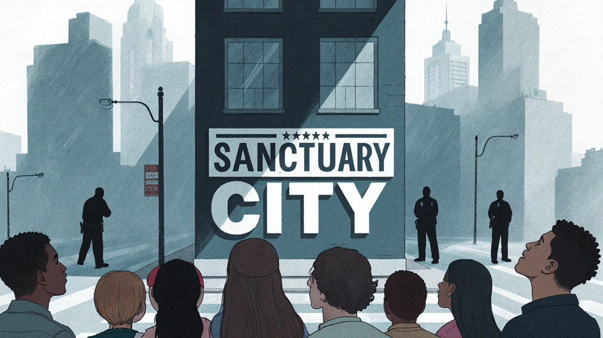 Diverse group looking up at Sanctuary City sign with federal agents silhouetted behind them