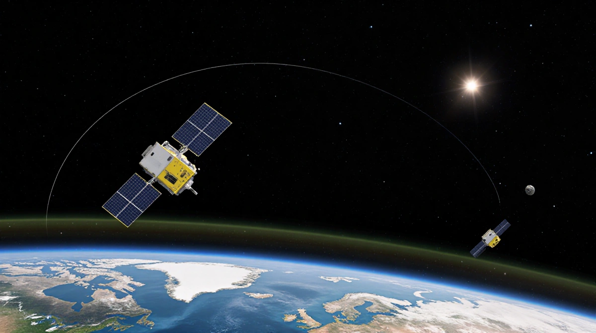 Small satellite orbits Earth with solar panels facing the sun and older Starlink drifts away in low orbit for space safety