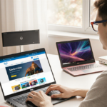Young shopper sits at a desk with Dell laptops and monitors and a laptop displaying Dell savings tech deals