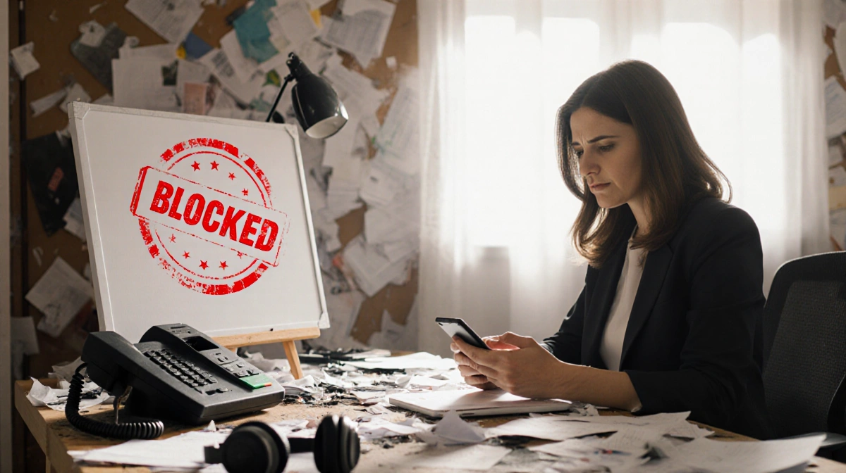 Determined woman blocking scam calls with smartphone and red Blocked stamp on whiteboard in cluttered home office.