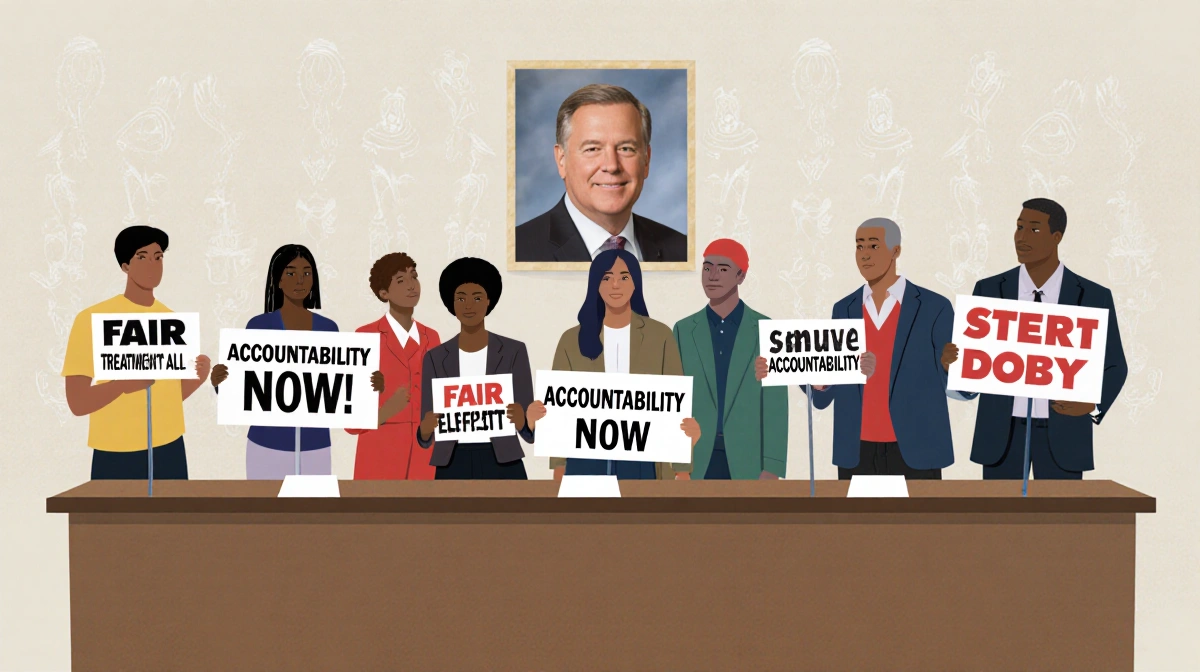 Parents and community members hold signs demanding accountability at a school board meeting with Bill Elliott's face visible