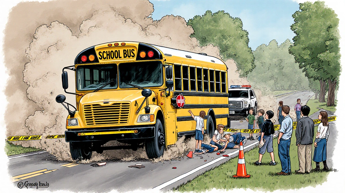 School bus crashes on Manhattan Monee Road with injured students nearby and emergency tape flashing