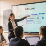Student points to pipeline diagram on screen with classmates listening in warm classroom